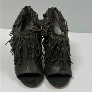 Sergio Rossi Olive Fringe Peep-Toe Heels